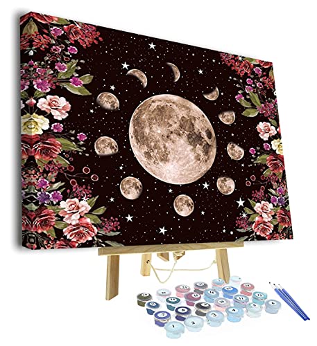 TISHIRON Malen nach Zahlen für Erwachsene, Kinder und Anfänger, Mond Malen nach Zahlen Kit, Mondphase Blumen Malen nach Zahlen auf Leinwand, 16x20 Inch mit Rahmen Ölgemälde Kits Geschenk für Kinder von TISHIRON