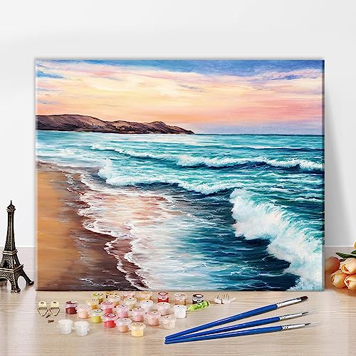 TISHIRON Malen nach Zahlen für Erwachsene, Strand Malen nach Zahlen Kits, bunte Seaside Landschaft Ölmalerei für Erwachsene, DIY Leinwand Malerei Kit mit Pinsel und Pigment, rahmenlos, 40x50 CM von TISHIRON