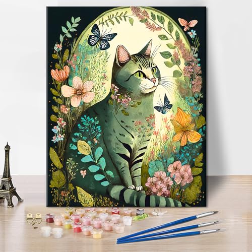 TISHIRON Malen nach Zahlen für Erwachsene, Vintage DIY Ölgemälde nach Zahlen auf Leinwand Katze mit Blumen mit Pinseln Acrylfarben für Kinder, Wohnkultur 16"x20", rahmenlos von TISHIRON