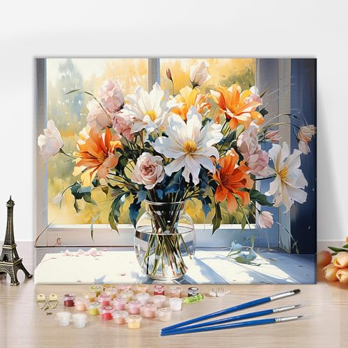 TISHIRON Malen nach Zahlen für Erwachsene Anfänger, Blumensträußchen in Glasvase, Farbtafel-Set, Herbst-Vase-Blumen DIY Farbtafel-Set auf Leinwand, Stillleben-Malerei Kunstwerk, 16x20 Zoll von TISHIRON