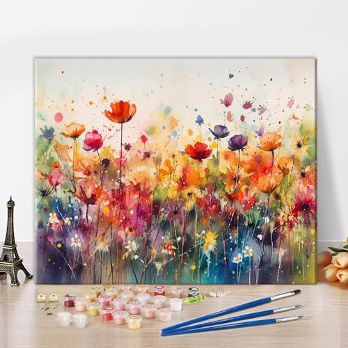 TISHIRON Malen nach Zahlen für Erwachsene Anfänger Bunte Blumen auf der Wiese Frühlings-Ölgemälde DIY Malen nach Zahlen-Kits Abstrakte Malerei für Wanddekoration Zuhause 40x50 cm von TISHIRON