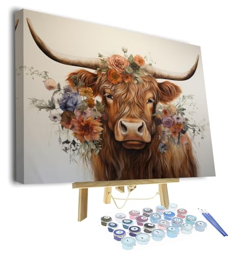 TISHIRON Malen nach Zahlen für Erwachsene Anfänger DIY Blume Malen nach Zahlen Kits für Kinder Malerei Vintage-Stil Tier malen Kits Leinwand Kunsthandwerk für Home16 x20 Highland Cow Gerahmt von TISHIRON