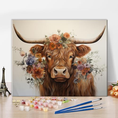 TISHIRON Malen nach Zahlen für Erwachsene Anfänger DIY Blume Malen nach Zahlen Kits für Kinder Malerei Vintage-Stil Tier malen Kits Leinwand Kunsthandwerk für Home16 x20 Highland Cow von TISHIRON