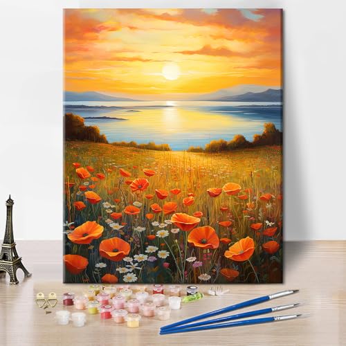 TISHIRON Malen nach Zahlen für Erwachsene Blühende Blume DIY Ölgemälde für Erwachsene Blüte Acrylmalerei nach Zahlen für Home Wall Sunset Scenery Adults' Paint by Number Kits 40 x 50 cm(rahmenlos) von TISHIRON