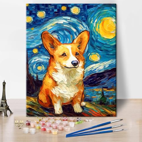 TISHIRON Malen nach Zahlen für Erwachsene Corgi Porträt Erwachsenen Malen nach Zahlen Sternenhimmel Erwachsenen Malen-nach Zahlen Kits Tier Acryl Ölmalerei Kunsthandwerk 16x20 Zoll von TISHIRON