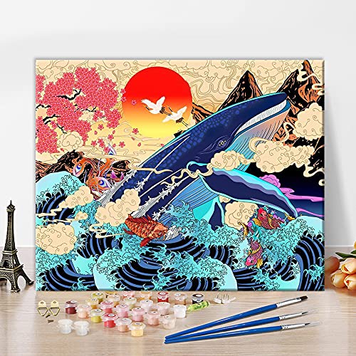 TISHIRON Malen nach Zahlen für Erwachsene DIY Malerei Kits Sonnenuntergang und Fliegender Vogel Wal Ukiyoe Riesige Wellen mit Malpinsel und Acryl Ölgemälde Ohne Rahmen 40x50cm von TISHIRON