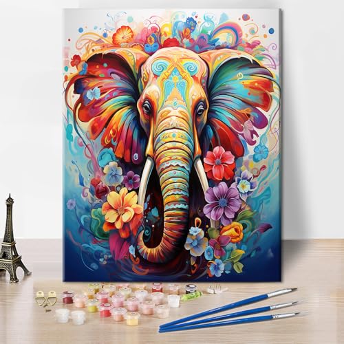 TISHIRON Malen nach Zahlen für Erwachsene Elefant mit Blumen Erwachsene Malen nach Zahlen Schmetterlinge Erwachsene Malen nach Zahlen Kits Bunte Acryl Ölgemälde Kunsthandwerk 16x20 Zoll von TISHIRON