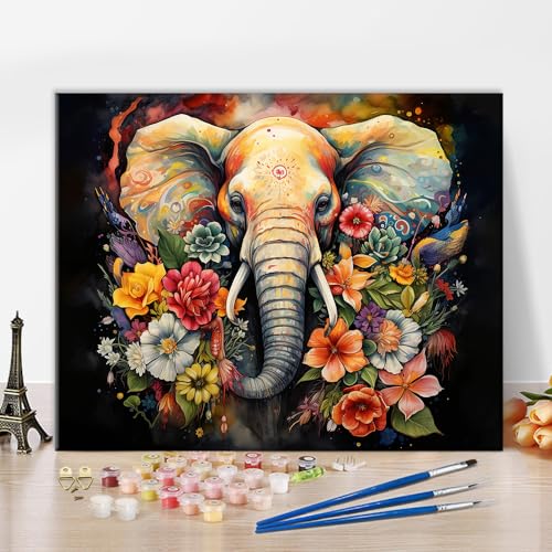 TISHIRON Malen nach Zahlen für Erwachsene Elefant mit Blumen Malen nach Zahlen Kits Tier Malen nach Zahlen für Erwachsene Anfänger abstrakte Kunstwerk Wanddekoration Ölgemälde, 16"x20" Ohne Rahmen von TISHIRON