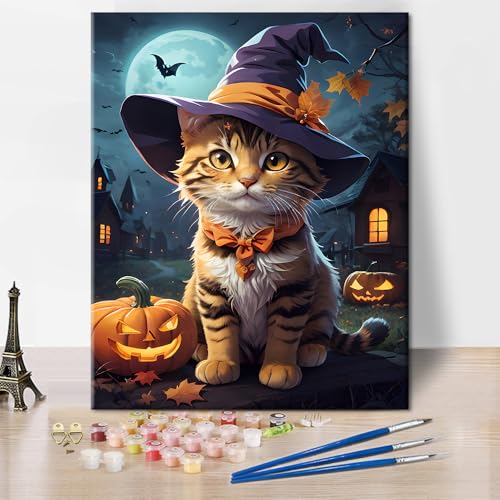 TISHIRON Malen nach Zahlen für Erwachsene Katze Erwachsene Malen nach Zahlen Halloween-Katze mit Kürbis Abstrakte Erwachsene Malen nach Zahlen Kits Tierisches Ölgemälde Kunsthandwerk 16x20 Zoll von TISHIRON