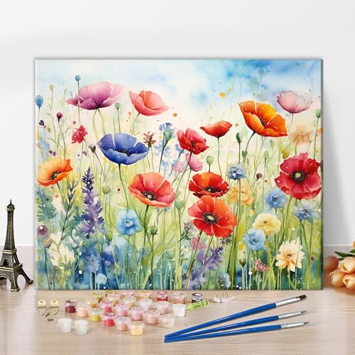 TISHIRON Malen nach Zahlen für Erwachsene Kinder Feldblumen mit Himmel Erwachsene Malen nach Zahlen Kits Blumen Acrylmalerei Kits mit Pinseln Ölgemälde Kunsthandwerk 16x20 Zoll von TISHIRON