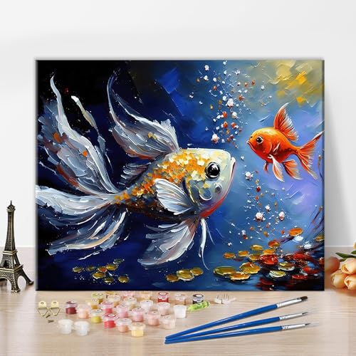 TISHIRON Malen nach Zahlen für Erwachsene Kinder Goldfisch Digital DIY Malen nach Zahlen Kits mit Pinseln für Wohnzimmer Schlafzimmer Wanddekoration - 16" x 20" von TISHIRON