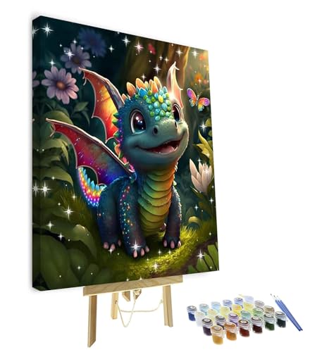 TISHIRON Malen nach Zahlen für Erwachsene Kinder Kleiner Niedlich Dinosaurier Malen nach Zahlen Drache für Erwachsene Kinder und Anfänger, Ölgemälde Kits für Wohnkultur - 16" x 20" (mit Rahmen) von TISHIRON