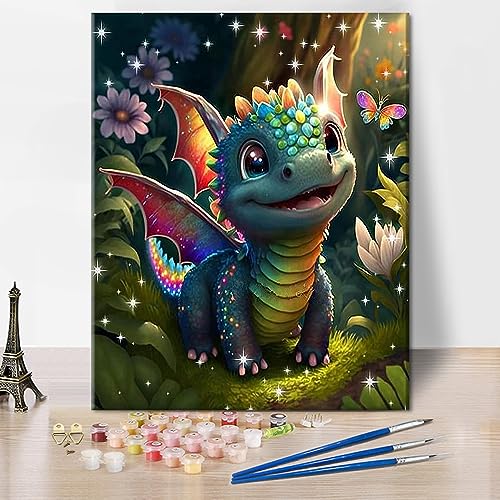 TISHIRON Malen nach Zahlen für Erwachsene Kinder Kleiner Niedlich Dinosaurier Malen nach Zahlen Drache für Erwachsene Kinder und Anfänger, Ölgemälde Kits für Wohnkultur - 16" x 20" (ohne Rahmen) von TISHIRON