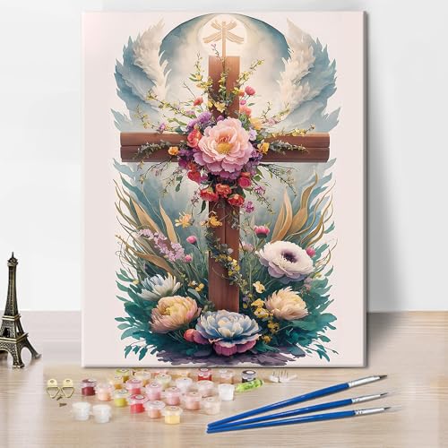 TISHIRON Malen nach Zahlen für Erwachsene Kreuz, Christus Acrylmalerei nach Zahlen für Heimdekoration, Erwachsene Malen nach Zahlen Kits auf Leinwand Blumen, DIY Öl Handmalerei 40 x 50 cm(rahmenlos) von TISHIRON