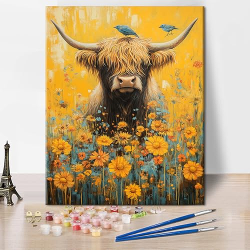 TISHIRON Malen nach Zahlen für Erwachsene Schottisches Hochlandrind Kunst-Set Blumenwiese Tiefenunschärfe Acrylfarben Stressabbau Kreatives Hobby Deko 16x20 Zoll TISHIRON Malen nach Zahlen für Erwachsene Schottisches Hochlandrind Kunst-Set Blumenwiese Tiefenunschärfe Acrylfarben Stressabbau Kreatives Hobby Deko 16x20 Zoll von TISHIRON