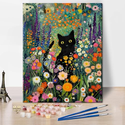 TISHIRON Malen nach Zahlen für Erwachsene Schwarze Katze Ölgemälde für Erwachsene Tiere DIY Acryl Malen nach Zahlen Kits auf Leinwand Bunte Blumen Zeichnung für Home Wall Decor 40 x 50 cm(rahmenlos) von TISHIRON