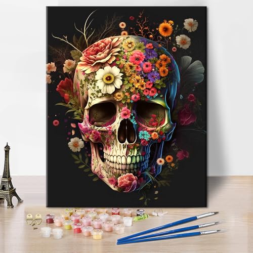 TISHIRON Malen nach Zahlen für Erwachsene Totenkopf mit Liebe und Blumen DIY Erwachsene Malen nach Zahlen Kits auf Leinwand Tag der Toten Malen nach Zahlen Ölgemälde Kunsthandwerk 16x20 Zoll von TISHIRON