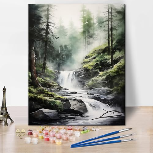 TISHIRON Malen nach Zahlen für Erwachsene Wasserfall im Wald Erwachsene Malen nach Zahlen Kits Nebeliger Wald Landschafts-Kunst Malsets mit Pinseln Ölgemälde Kunsthandwerk 16x20 Zoll von TISHIRON