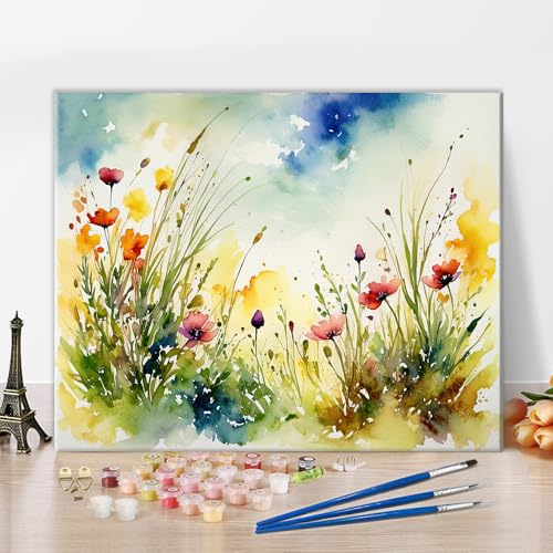 TISHIRON Malen nach Zahlen für Erwachsene Wilde Blumen DIY Malen nach Zahlen für Erwachsene Aquarell Blumen Erwachsene Malen nach Zahlen Kits auf Leinwand Mohnblumen und Gras Ölgemälde Kunsthandwerk von TISHIRON