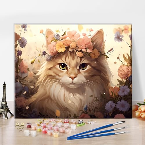 TISHIRON Malen nach Zahlen für Erwachsene und Kinder, Motiv: niedliche Katze, Acryl, Malen nach Zahlen mit Pinseln, Blumen, Malen nach Zahlen, Kits auf Leinwand, Kunsthandwerk 40,6 x 50,8 cm von TISHIRON