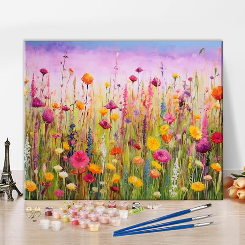 TISHIRON Malen nach Zahlen für Erwachsene und Kinder Bunte Blumen auf der Wiese Erwachsene Malen nach Zahlen Kits Abstrakte Blumen Acrylmalerei mit Pinseln Ölgemälde Kunsthandwerk 16x20 Zoll von TISHIRON