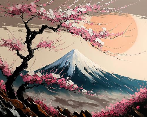 TISHIRON Malen nach Zahlen zum Selbermachen, Motiv: Fuji-Berg, Malen nach Zahlen für Erwachsene, Motiv: Sakura-Blume, Baum, Malen nach Zahlen, Set für Erwachsene und Anfänger, moderne Dekoration, 40,6 von TISHIRON