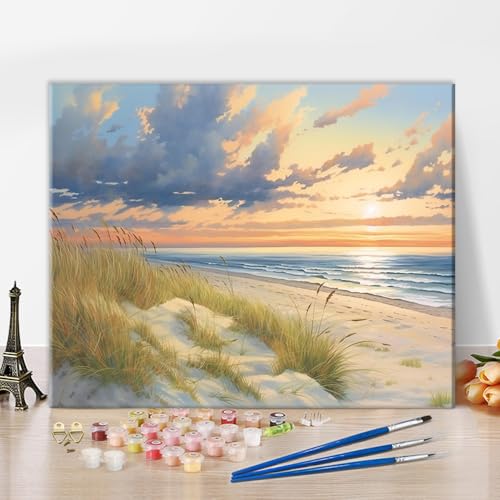 TISHIRON Meereslandschaft mit Sanddünen Malen nach Zahlen Set für Erwachsene Anfänger, Digitale Kunst, Sonnenuntergang am Meer, Öl-Gemälde zum Heimdekor, 16x20 Zoll (Rahmenlos) von TISHIRON