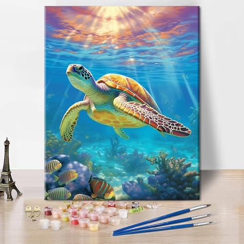 TISHIRON Meeresschildkröte Malen nach Zahlen Kit Erwachsene Tiere Erwachsene Malen nach Zahlen Ozean DIY Acryl Malen nach Zahlen Kits Fisch Ölmalerei für Home Decor 40 x 50 cm(rahmenlos) von TISHIRON