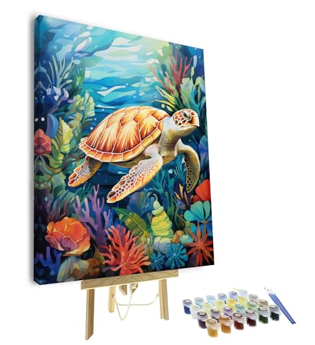 TISHIRON Meeresschildkröte Malen nach Zahlen Kit für Erwachsene DIY Malen nach Zahlen Kits für Anfänger Tier Leinwand und Farbe Set für Geschenk Home Decoration Wanddekoration (Gerahmt, 40x50cm von TISHIRON