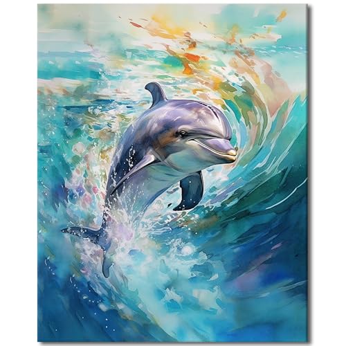 TISHIRON Nette Delphin Farbe durch Zahlen Kits, einfache DIY Ölgemälde Bunte Farbe durch Zahlen mit Pinseln und Pigment, Meerestiere Schwimmen Bild Home Decor Geschenke 16x20 Zoll (ohne Rahmen) von TISHIRON