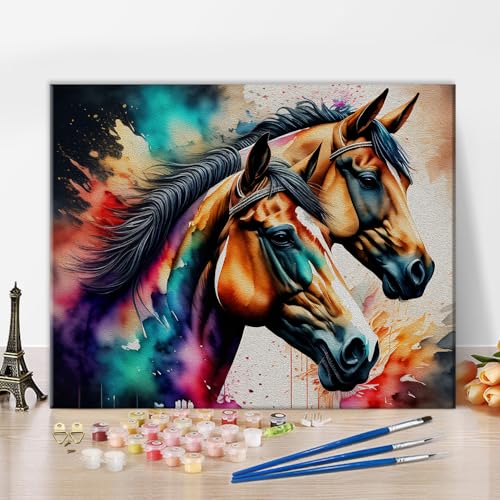 TISHIRON Ölgemälde Abstrakte Pferde Tiere Aquarelle Stil Paint by Numbers Kit DIY Malerei Digital Kit Erwachsene Anfänger mit Pinsel für Hauswände 16 x 20 Zoll von TISHIRON