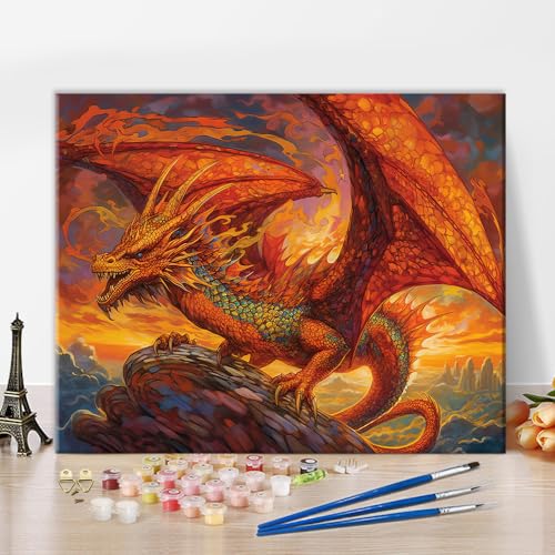 TISHIRON Ölgemälde Ein Roter Drache Sitzt auf Einem Felsen Malen nach Zahlen für Erwachsene Digitale Pigmente DIY Ölgemälde Kit mit Pinseln für Wohnkultur Liebesgeschenk - 16" x 20" von TISHIRON