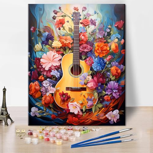 TISHIRON Ölgemälde Gitarre mit Bunten Musik Kunst Wänden Paint by Numbers Kit DIY Malerei Digital Kit Erwachsene Anfänger mit Pinsel für Hauswände 16 x 20 Zoll von TISHIRON