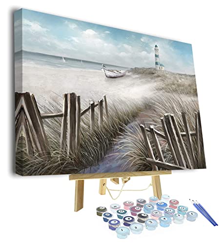 TISHIRON Ocean Öl Handmalerei Malen Nach Zahlen Für Kinder Seascape Blue Acryl Für Erwachsene Anfänger Malset Home Wand Wohnzimmer Schlafzimmer Wand Abstrakter Dekoration Umrahmt (Leuchtturm) von TISHIRON