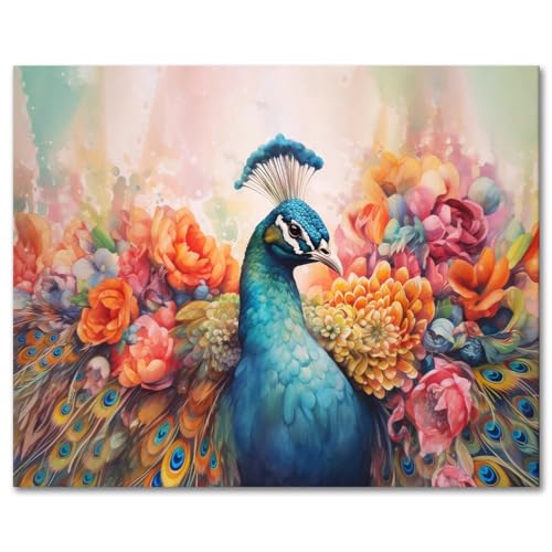 TISHIRON Pfau Malen nach Zahlen Erwachsene, Öl-Handmalerei mit Pinseln Tiere, DIY Erwachsene Malen nach Zahlen Kits auf Leinwand Blüte Blumen, Kunsthandwerk für Zuhause 40 x 50 cm(rahmenlos) von TISHIRON