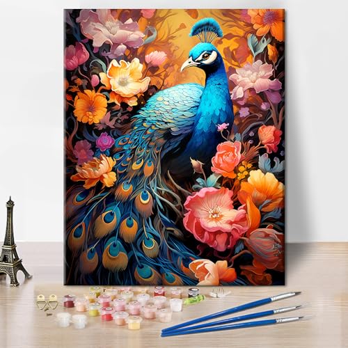 TISHIRON Pfau Malen nach Zahlen Kits auf Leinwand, Blumen DIY Acrylmalerei Kit, Malen nach Zahlen Erwachsene und Kinder Anfänger, Ideal Geschenk Wahl für Ostern - 16x20inch rahmenlos von TISHIRON