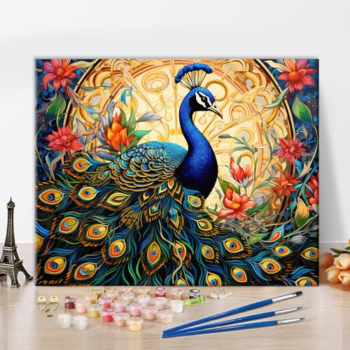 TISHIRON Pfau Malen nach Zahlen - Malen nach Zahlen Erwachsene, Tier Zeichnung Acryl Anfänger Malerei DIY Kunsthandwerk mit Pinseln für Home Wall Decor rahmenlos16x20 Zoll von TISHIRON