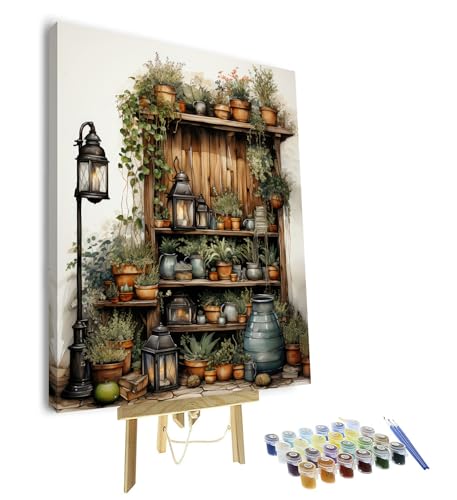 TISHIRON Regal voller Pflanzen DIY Malen nach Zahlen für Erwachsene Anfänger Vintage-Stil Malen nach Zahlen Kit mit Pinseln und Acrylfarben Leinwand Ölmalerei Kit für Geschenk (Gerahmt, 40x50cm von TISHIRON