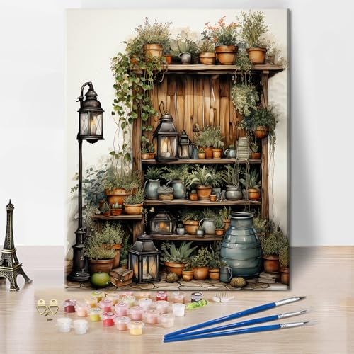 TISHIRON Regal voller Pflanzen DIY Malen nach Zahlen für Erwachsene Anfänger Vintage-Stil Malen nach Zahlen Kit mit Pinseln und Acrylfarben Leinwand Ölmalerei Kit für Geschenk (Rahmenlos, 40x50cm von TISHIRON