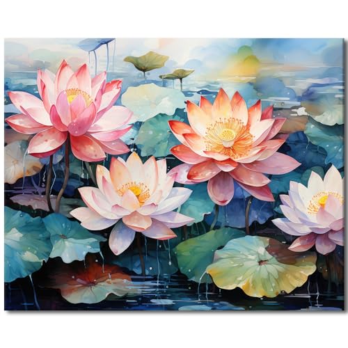 TISHIRON Rosa Lotus Farbe durch Zahlen Kits, Leinwand DIY Anfänger Ölgemälde Erwachsene mit Pinseln und Acrylpigment, Aquarell Floral Bild Wohnzimmer Schlafzimmer Wand Dekor 16x20inch rahmenlos von TISHIRON