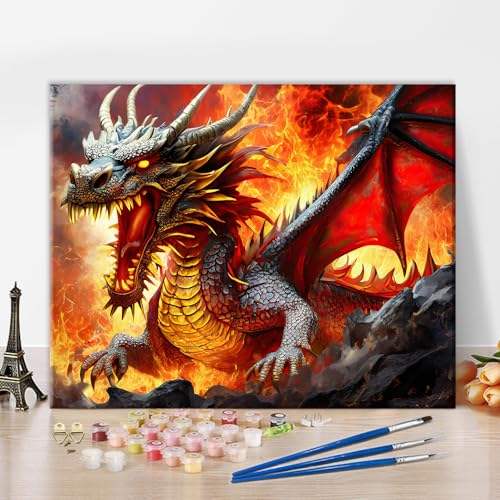 TISHIRON Rote Drachen Ölgemälde Angry Reptilien Paint by Numbers Kit DIY Malerei Digital Kit Erwachsene Anfänger mit Pinsel für Hauswände 16 x 20 Zoll von TISHIRON