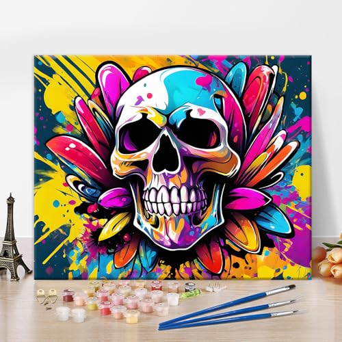 TISHIRON Schädel Graffiti Öl Farbe nach Zahlen Kit für Erwachsene Schädel Farbe nach Zahlen abstrakte Straße Graffiti Farbe nach Zahlen Kits auf Leinwand DIY Farbe nach Zahlen für Anfänger 16x20inch von TISHIRON