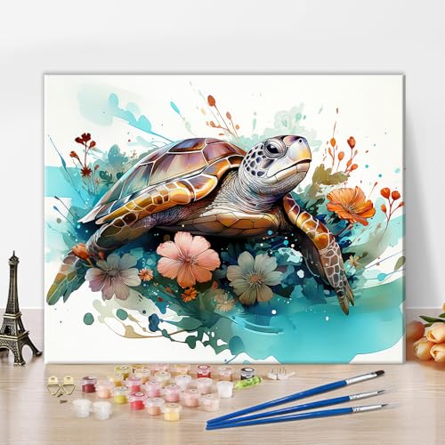 TISHIRON Schildkröte Malerei Kunst nach Zahlen Kits, Blume Acrylmalerei Kit, einfaches Malen nach Zahlen Kinder im Alter von 8-12 für Home Wall Decoration Geschenke 12X16 Zoll - rahmenlos von TISHIRON