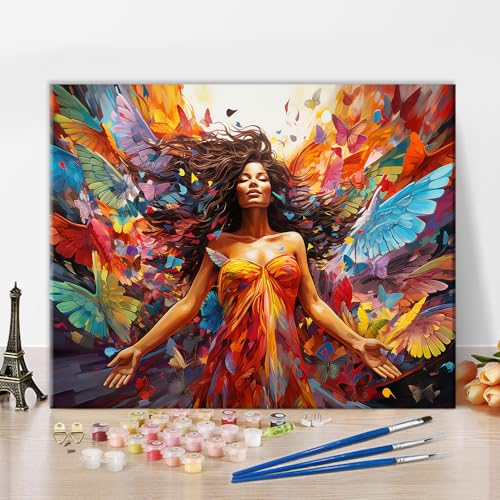 TISHIRON Schmetterling Mädchen Malerei nach Zahlen Erwachsene und Anfänger Bunte Stil Fotofarbe nach Zahlen auf Leinwand Blume Frauen einfach zu malen Home Wall Decor Geschenk ohne gerahmte 16x20inch von TISHIRON