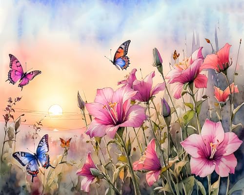 TISHIRON Schmetterling Malen nach Zahlen Erwachsene, Rosa Blumen Malen nach Zahlen, Malen nach Zahlen de Pinsel und Acrylfarbe, 16X20 Inch Sonnenaufgang Malen nach Zahlen Erwachsene Familie Freunde von TISHIRON