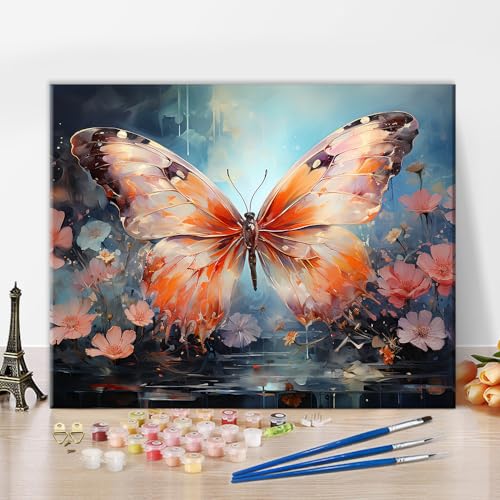 TISHIRON Schmetterling Malen nach Zahlen Erwachsene Leinwand, Blumen Malen nach Zahlen Kits für Anfänger, DIY Ölmalerei Acrylmalerei nach Zahlen Kunsthandwerk für Home Wall Decor 16x20inch Frameless von TISHIRON