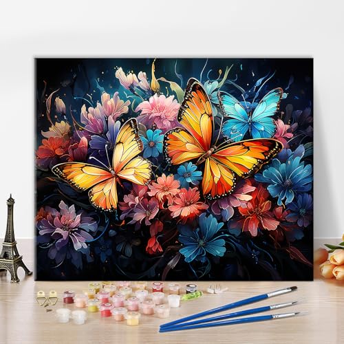 TISHIRON Schmetterling Malerei nach Zahlen für Erwachsene und Anfänger Bunte Stil Fotofarbe nach Zahlen auf Leinwand Blume Einfach zu malen Perfekt für Büro Wanddekoration ohne gerahmte 16x20inch von TISHIRON