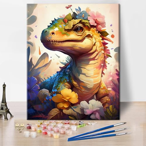 TISHIRON Schöne Dinosaurier Blumen Ölgemälde Digitale Zeichnung Set für Erwachsene Kinder Tiere DIY Ölgemälde Digitale Zeichnung geeignet für Kinderzimmer Wand Dekoration 16 x 20 Zoll von TISHIRON