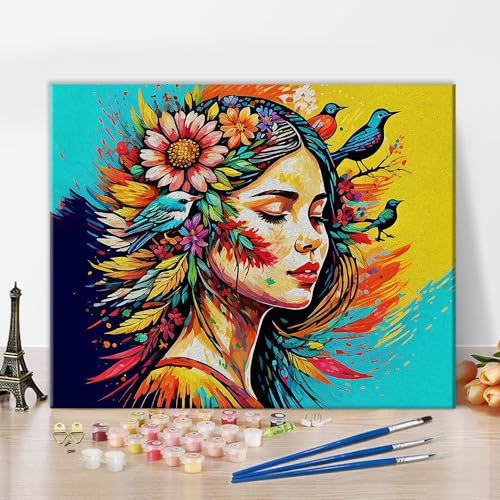 TISHIRON Schönes Mädchen Malen nach Zahlen für Erwachsene Bunte Frauen Ölgemälde für Kinder Blume und Vogel Malen nach Zahlen Aquarellmalerei DIY Acrylmalerei Elegant Entspannend 16 "x20 von TISHIRON