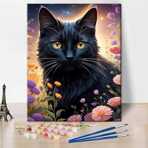 TISHIRON Schwarze Katze DIY Malen nach Zahlen Bausatz Erwachsene Tiere Malen nach Zahlen Blumen Erwachsene Malen nach Zahlen Bausätze Kätzchen Acrylmalerei Bausätze für Home 40 x 50 cm(rahmenlos) von TISHIRON